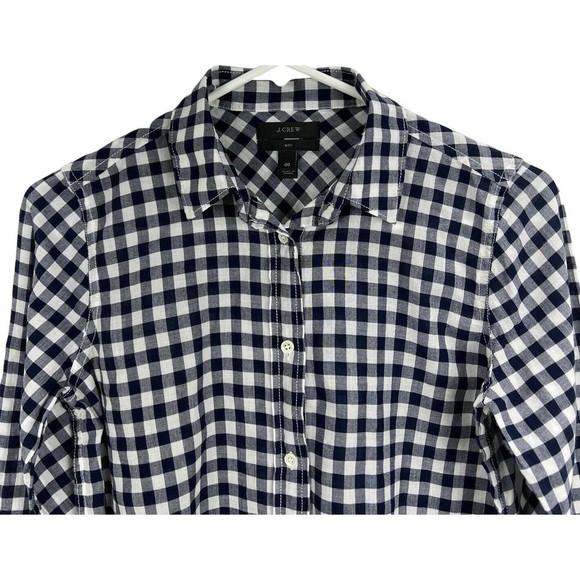 J Crew Women's Boy Shirt Sz 00 Button Down Navy Blue Check Long Sleeve - Picture 2 of 10